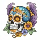 sugar skull of mexico with color skyblue purple and orange and yellow tattoo design idea