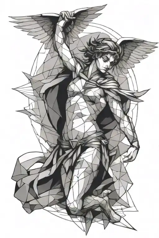 geometric tattoo with an angel, a spartan and peter pan tattoo design idea