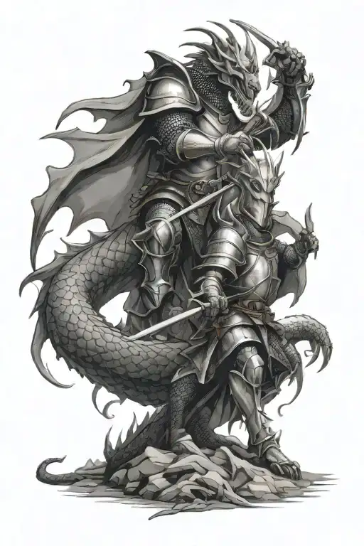 knight and wizard fighting a dragon tattoo design idea