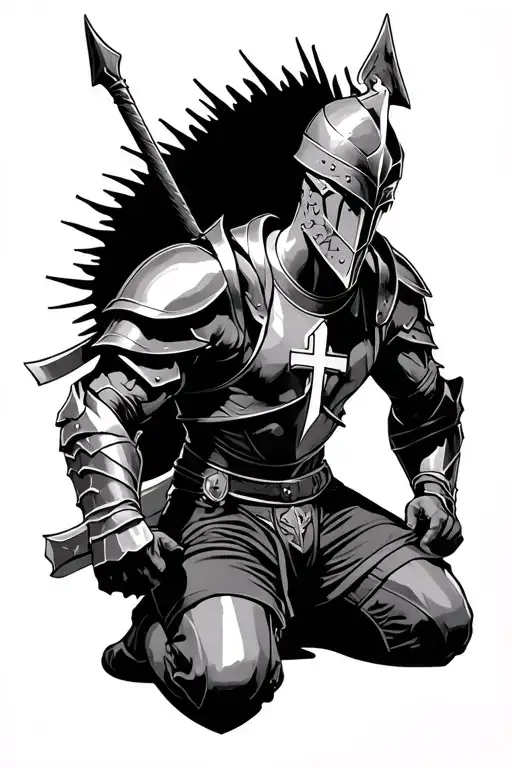 A black monochromatic tattoo design for the forearm featuring a kneeling armored warrior with a cross on the chest plate tattoo design idea