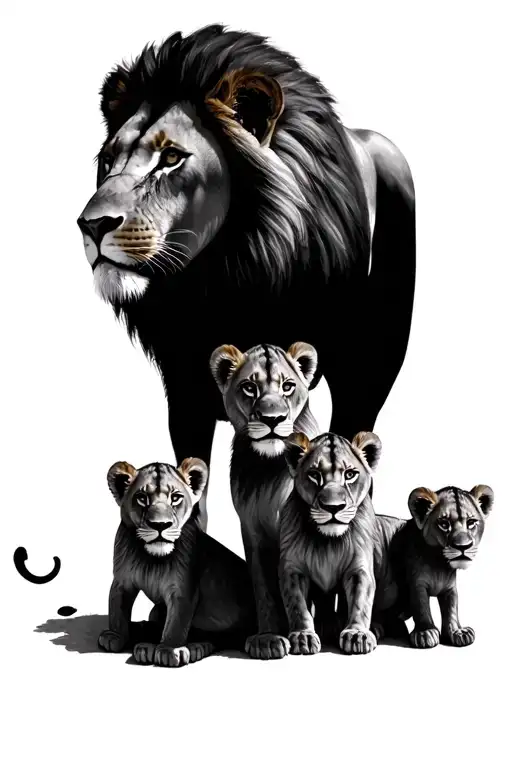 lion and lioness with 3 cubs tattoo design idea