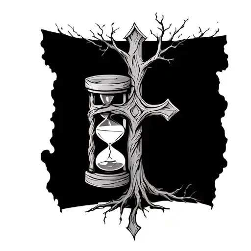 cross with tree wrapped and hourglass tattoo design idea