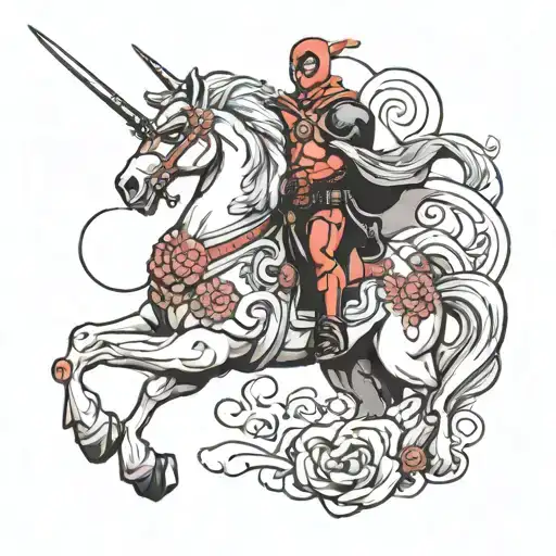 deadpool riding unicorn riding tattoo design idea