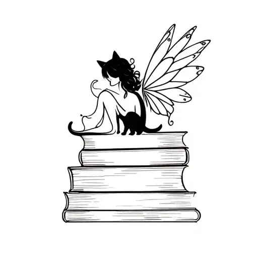 stack of books with a resting fairy and a black cat silhouette dainty  tattoo design idea