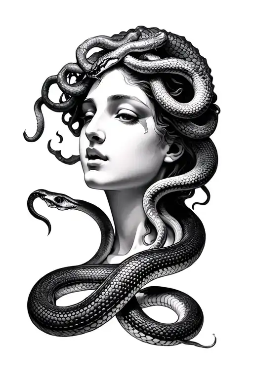 Beauty medusa face that looks like an old sculpture. her mouth a little bit open with full lips. Snakes look realistic tattoo design idea
