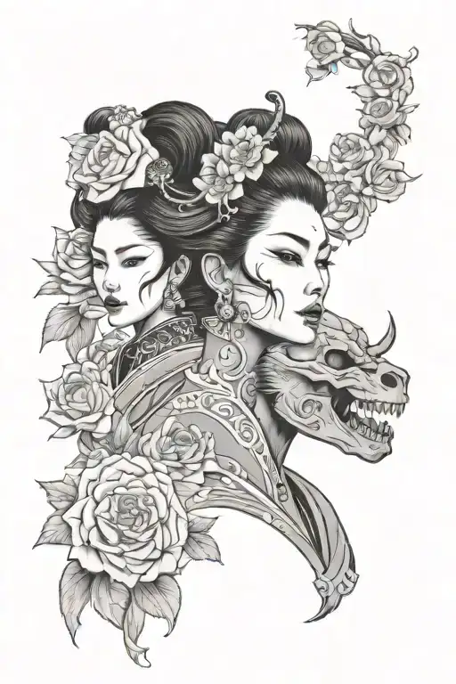 geisha woman with oni mask and sugur skull and wolf with skull and roses blooming tattoo design idea