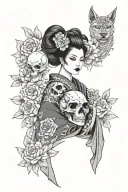 geisha woman with oni mask and sugur skull and wolf with skull and roses blooming tattoo design idea