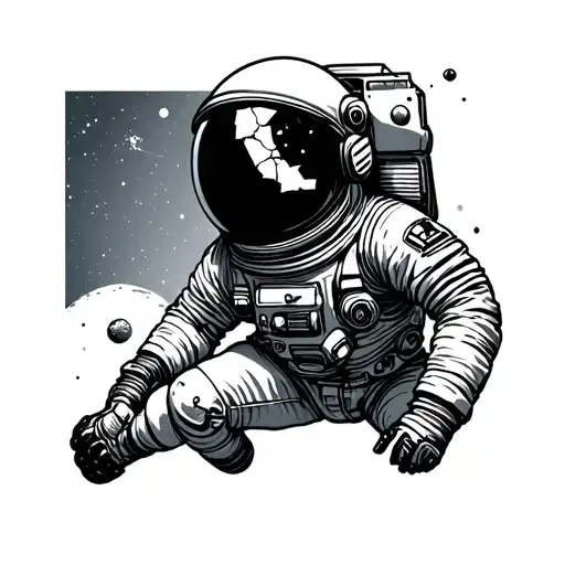  An Astronaut Lost in Space:An astronaut floating alone, helmet cracked slightly — symbolizing feeling out of place,  tattoo design idea