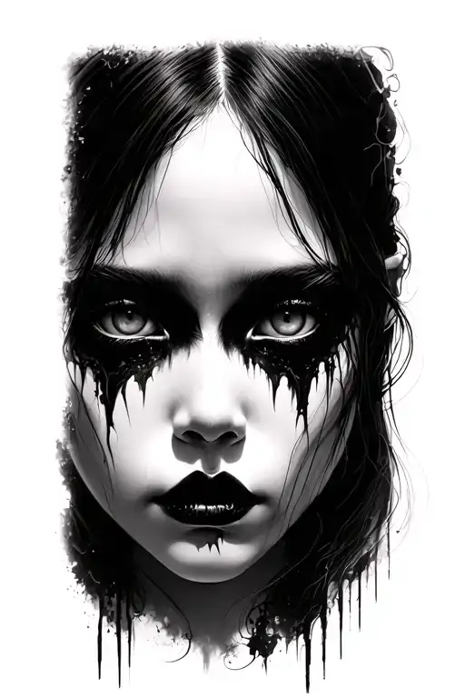 gothic horror, japanese girl's face close up, black and white, shaded background tattoo design idea