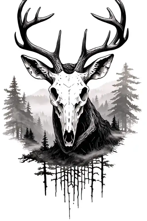 deer skull in foggy mountain set surrounded tattoo design idea