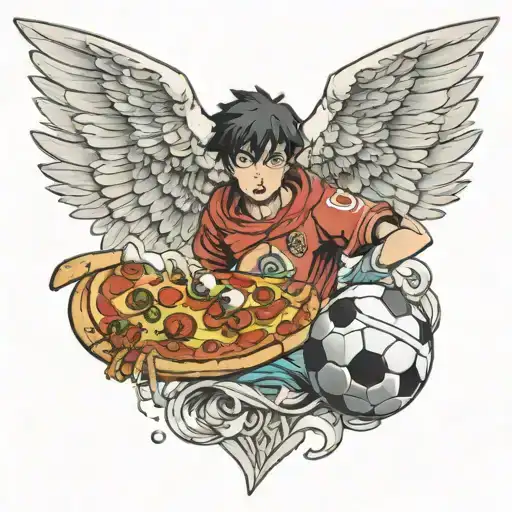 An anime character holding a soccer ball with pizza slices as wings tattoo design idea