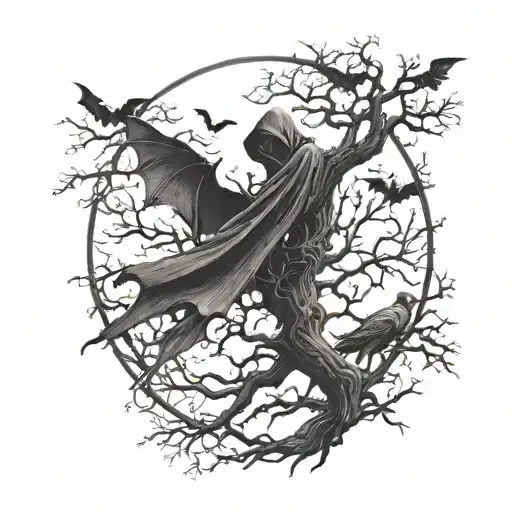 poison tree with bats and small grim reaper standing tattoo design idea