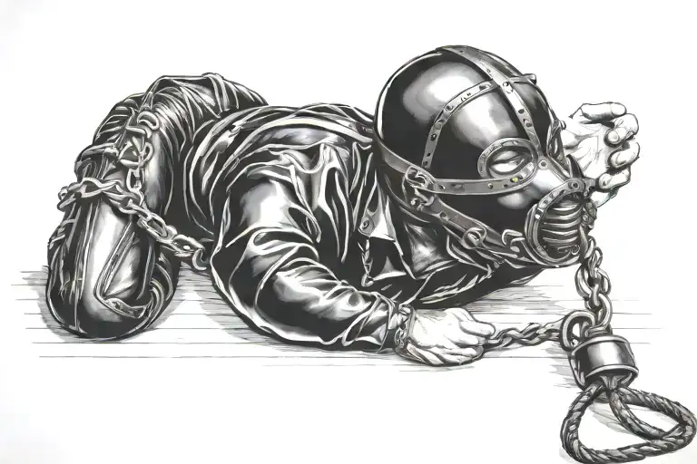 bdsm slave in leather mask and latex tied in a hogtie and gagged tattoo design idea