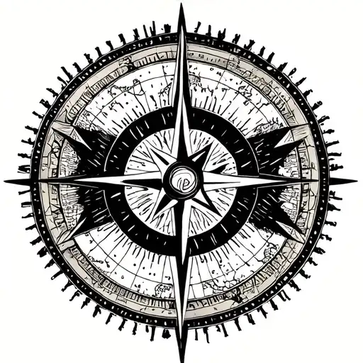 map, compass rose, sun, star and heart fingerprint tattoo design idea