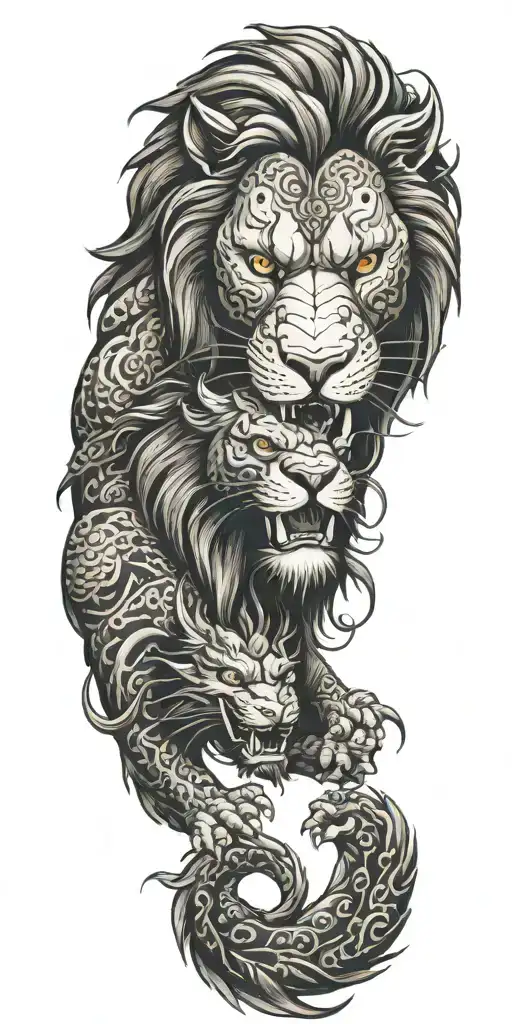 lion and dragon wrapped tattoo design idea