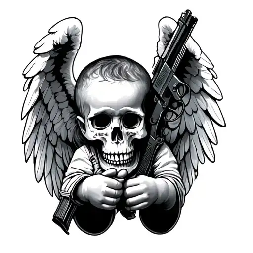 Baby angel with gun and skull  in hands tattoo design idea