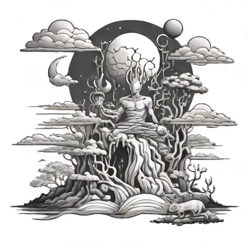 A surreal landscape tattoo featuring Kid Buu in a black and white color scheme, capturing a dreamlike quality tattoo design idea