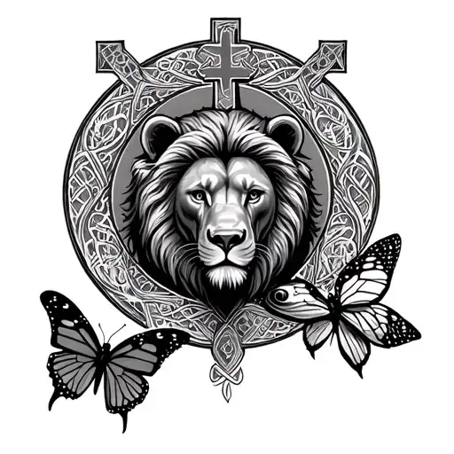 circle with Celtic cross, lion head, baby bear, Pisces fish, and a butterfly  tattoo design idea