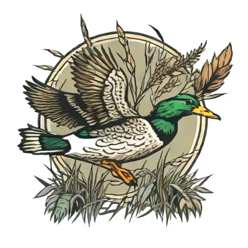 mallard duck in flight with bullrush reeds in circular shape  tattoo design idea