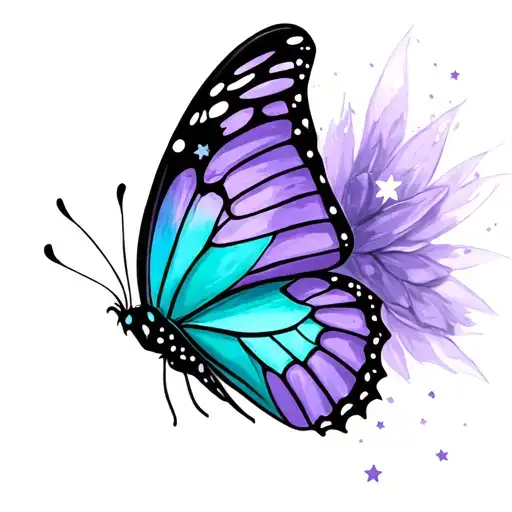purple and teal butterfly with stars  tattoo design idea