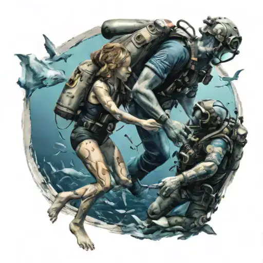Create a tattoo of a father and daughter holding hands, with a background of a navy diver exploring the ocean depths tattoo design idea