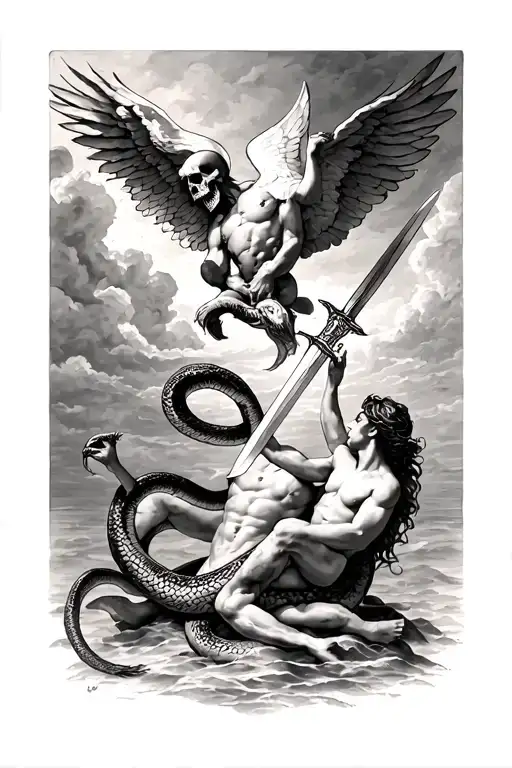 memento mori, icarus falling from sky, sword killing snake and creation of adam tattoo design idea