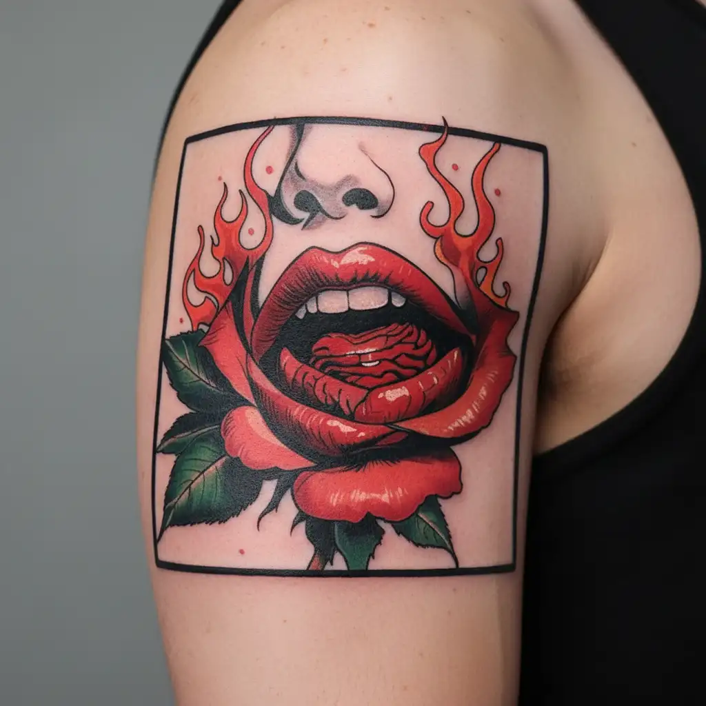 woman red lips and teeth biting down on a steamed rose with flames tattoo design idea