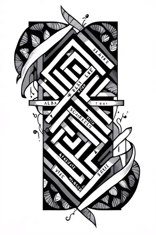 Half-sleeve geometric pattern with the words Alba, Scarlett and Evie weaved into the pattern.  Intricate, cool pattern tattoo design idea