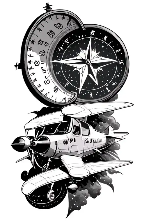 North Star compass with cessna aviation sky full tattoo design idea