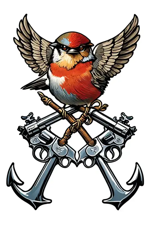 anchor, two flintlock pistols crossing, a sacred hard, the Greek meander band, two nails crossed, sparrow  tattoo design idea