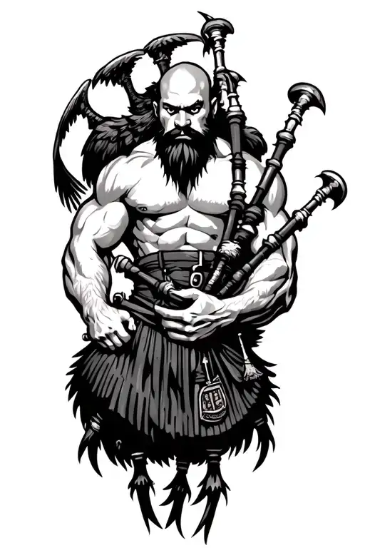 muscular bagpiper bald black beard black huge wings on his back flying crow with claws tattoo design idea