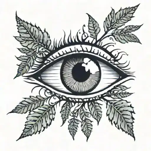 eye with fern stems under it. the eye has sun rays tattoo design idea