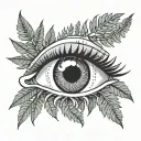 eye with fern stems under it. the eye has sun rays tattoo design idea