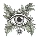 eye with fern stems under it. the eye has sun rays tattoo design idea