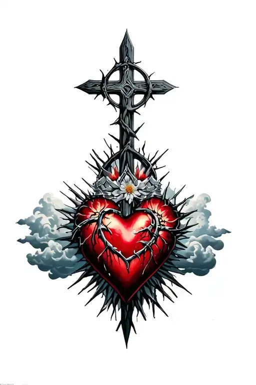 Norse cross, clouds, rays, floral patterns, crown of thorns, heart tattoo design idea