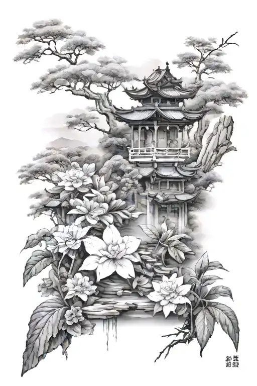 Asian garden surrounded tattoo design idea
