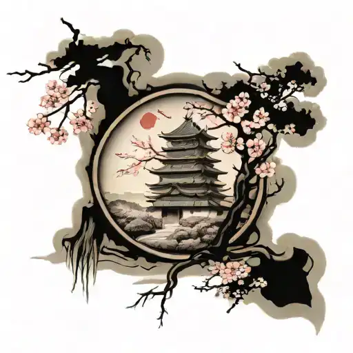 samurai standing with cherry blossom tree and castle in the background  tattoo design idea