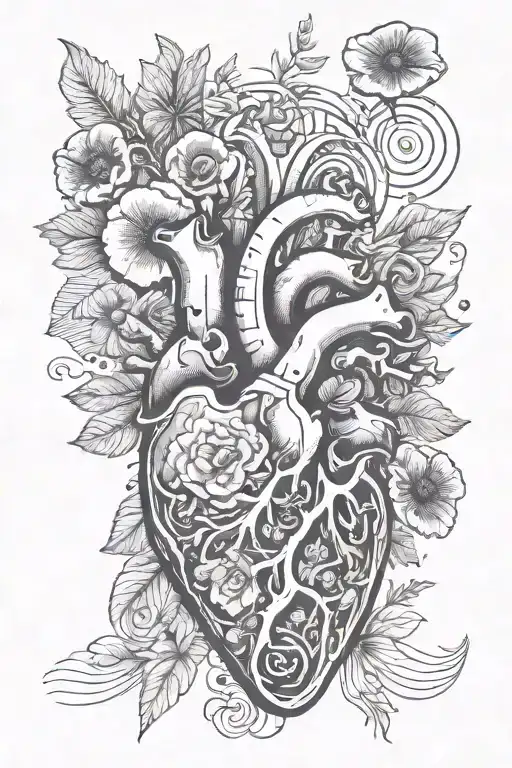abstract design human heart, poppies, anemones, mushrooms, music, love and the letters J and C tattoo design idea