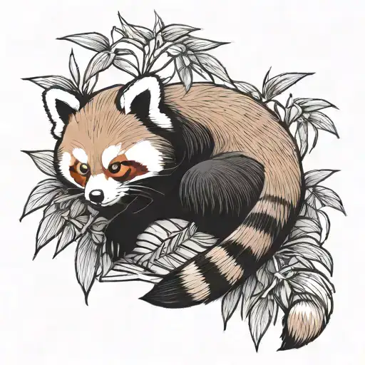 cute red panda sleeping bamboo leaves tattoo design idea