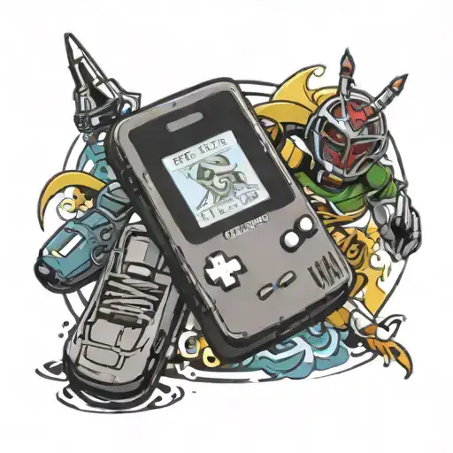 gameboy color, Pokemon coming out of game, gameboy cartridge nearby with mighty morphin power rangers themes and element tattoo design idea