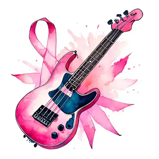 Bass guitar in the shape of breast cancer ribbon wrapped tattoo design idea