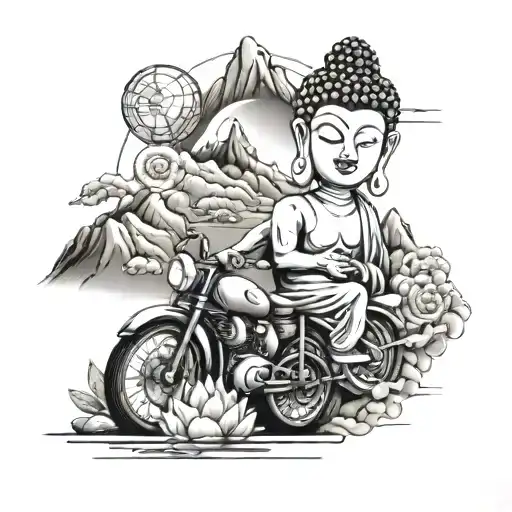 Design a tattoo for me with camera, lust, love, bike, football, pain, time, fake people, buddha, mountain, family, intro tattoo design idea