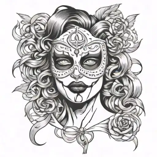 Woman as traitors and emotionally dangerous comedy mask surrounded tattoo design idea