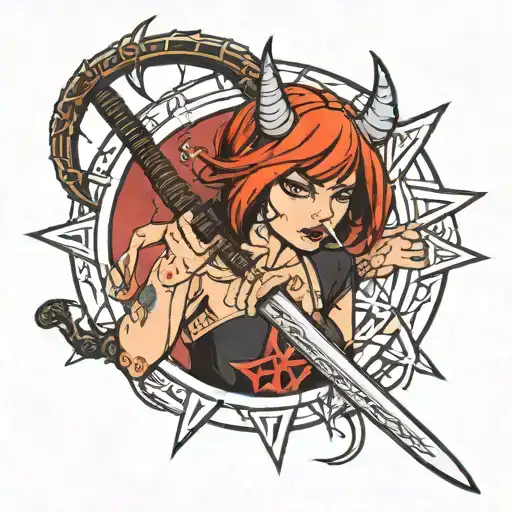 A she-devil with a bob haircut licks a katana sword. On her forehead is a pentagram with her other hand showing the middle finger tattoo design idea