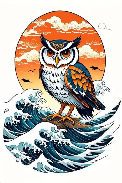 waves with owl tattoo design idea