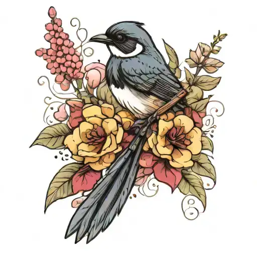 willie wagtail bird with flowers  tattoo design idea