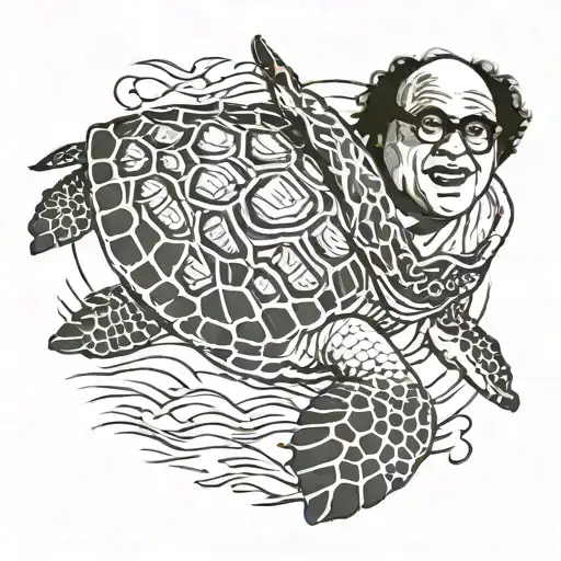 actor Danny devito riding a sea turtle swimming gracefully tattoo design idea