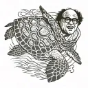 actor Danny devito riding a sea turtle swimming gracefully tattoo design idea