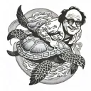 actor Danny devito riding a sea turtle swimming gracefully tattoo design idea