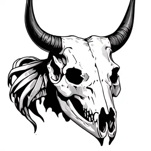 A myura bull skull in Gothic style, designed with deep lines and shadows in black ink. The bone structure of tattoo design idea